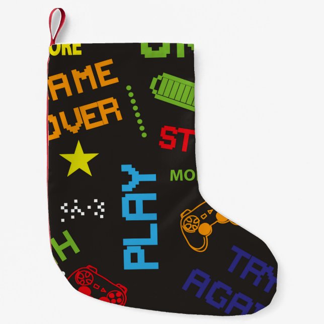 seamless abstract pattern in pixel game style. Wit Small Christmas Stocking (Front)