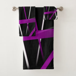 Seamless Abstract Purple and White Lines On Black Bath Towel Set