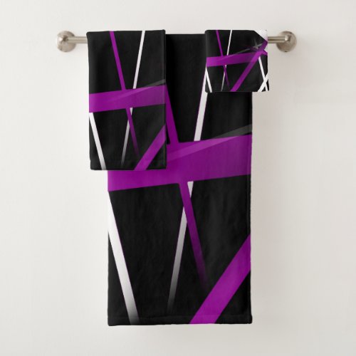 Seamless Abstract Purple and White Lines On Black Bath Towel Set