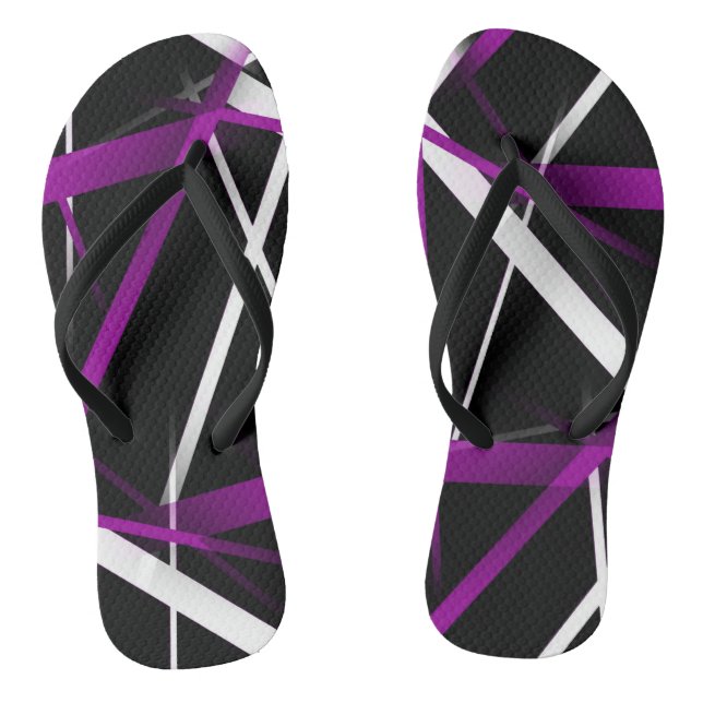 Seamless Abstract Purple and White Lines On Black Flip Flops (Footbed)