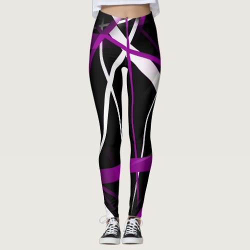 Seamless Abstract Purple and White Lines On Black Leggings
