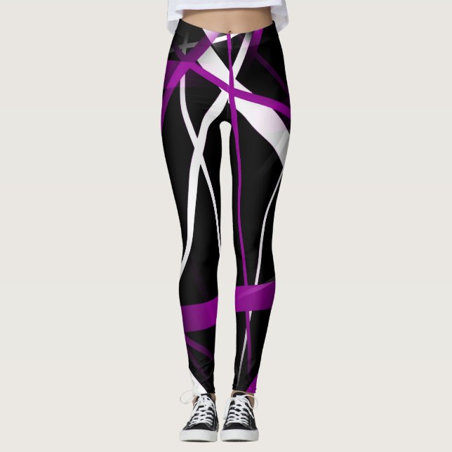 Seamless Abstract Purple and White Lines On Black Leggings (Front)