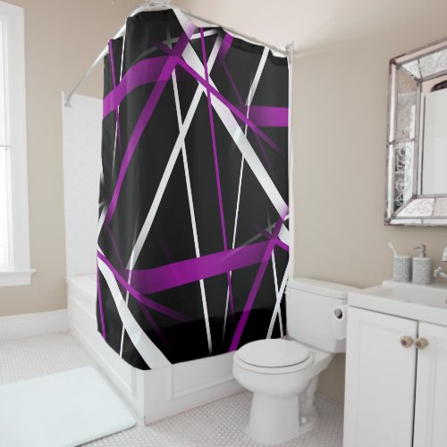 Seamless Abstract Purple and White Lines On Black Shower Curtain
