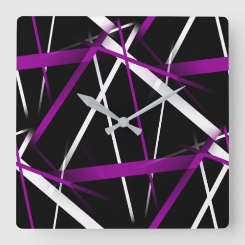 Seamless Abstract Purple and White Lines On Black Square Wall Clock