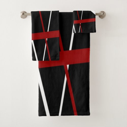 Seamless Abstract Red and White Lines On Black Bac Bath Towel Set