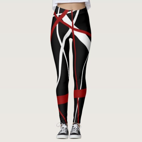 Seamless Abstract Red and White Lines On Black Bac Leggings