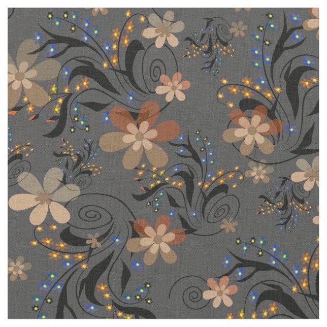 Seamless abstract retro beige flowers gray backgro fabric (Close Up)