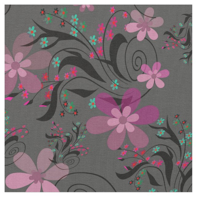 Seamless abstract retro violet flowers gray backgr fabric (Close Up)