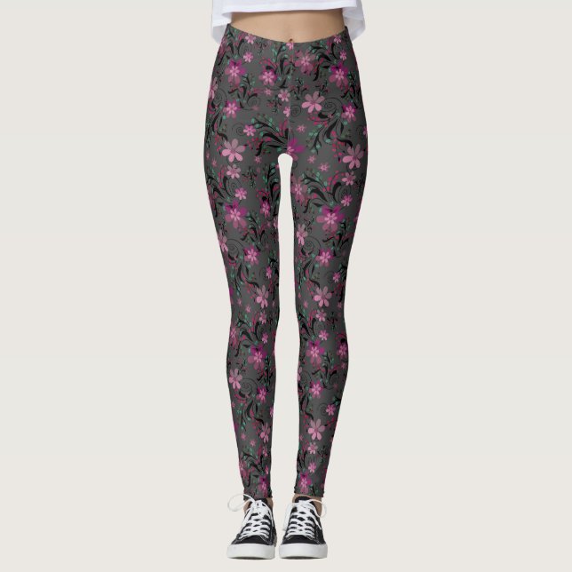 Seamless abstract retro violet flowers gray backgr leggings (Front)