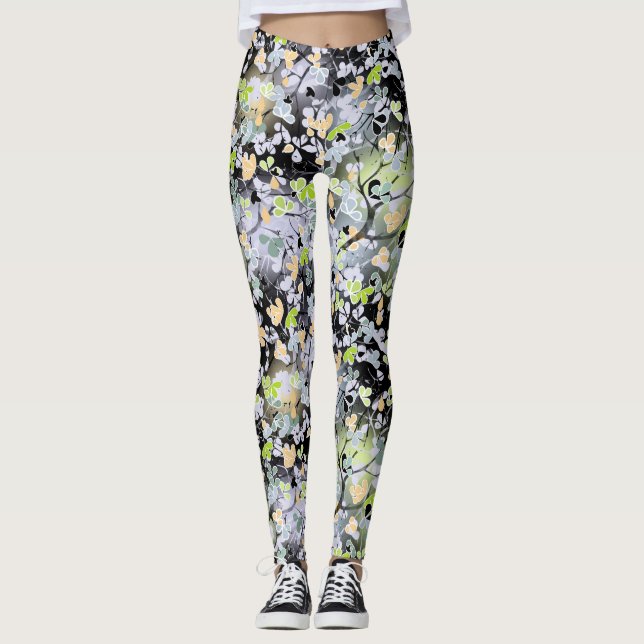 Seamless abstract spring tree branches leaves blac leggings (Front)