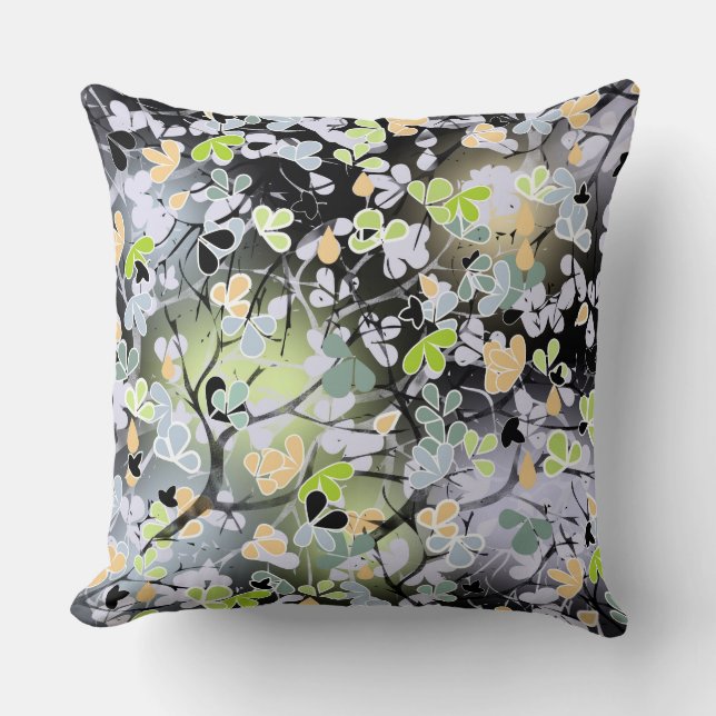 Seamless abstract spring tree branches leaves blac throw pillow (Front)