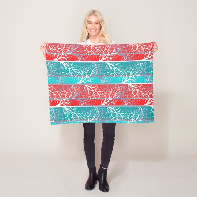 Seamless abstract trees branch blue coral red line fleece blanket (In Situ)