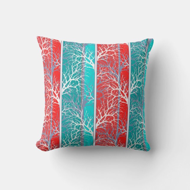 Seamless abstract trees branch blue coral red line throw pillow (Front)