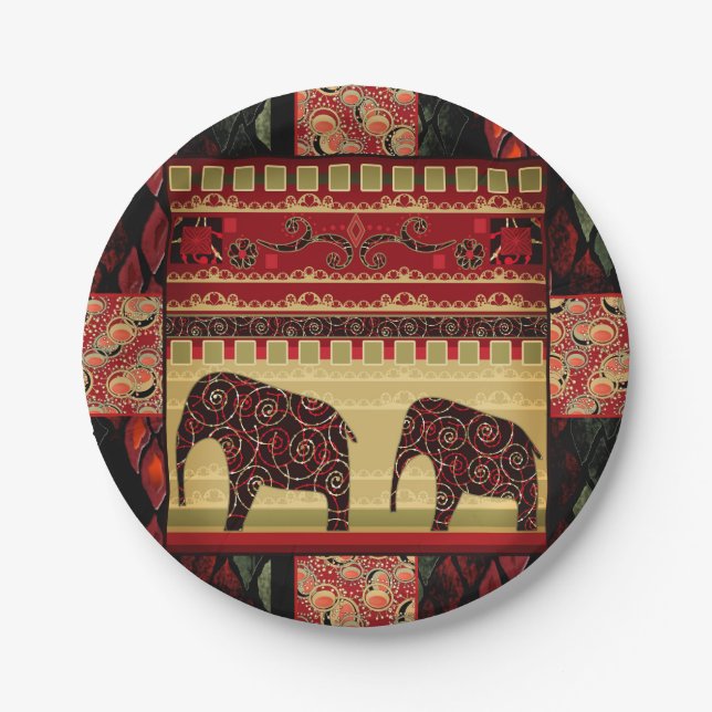 Seamless african patchwork ornamental indian eleph paper plates (Front)