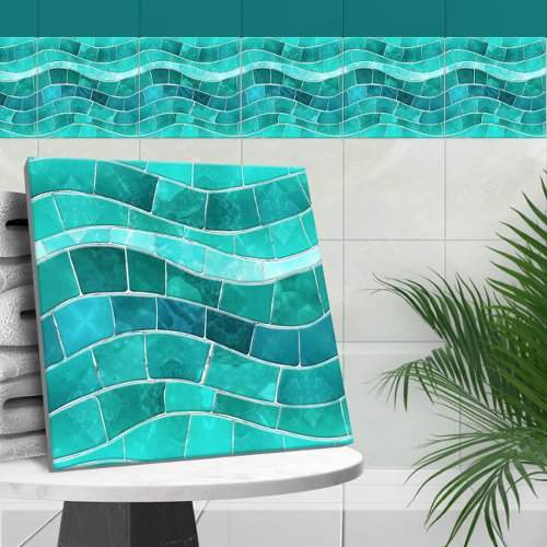 Seamless Aquamarine Mosaic Wave Ceramic Tile
