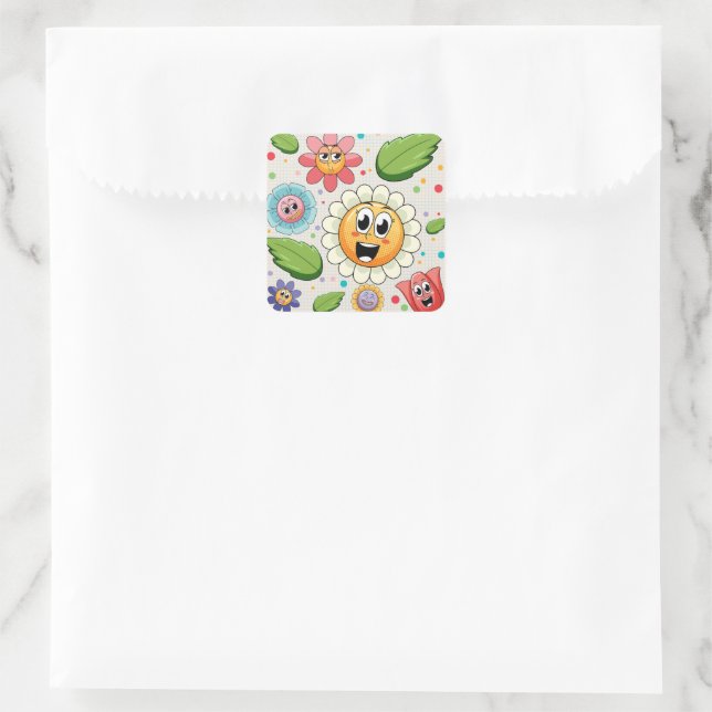 Seamless background design with colorful flowers square sticker (Bag)