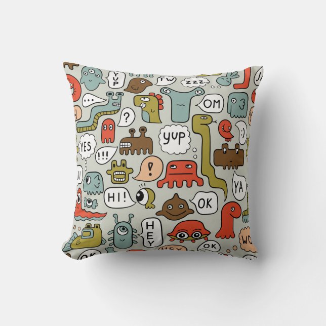 seamless background with cute cartoon monsters throw pillow (Front)