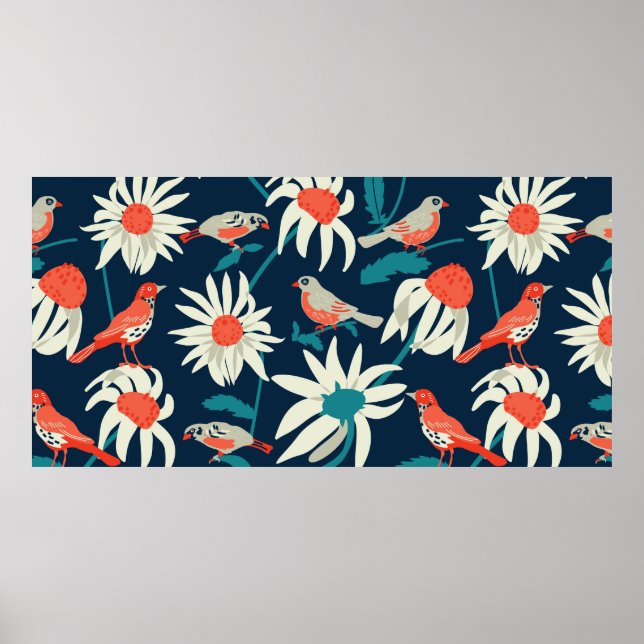 Seamless background with flowers and birds poster (Front)