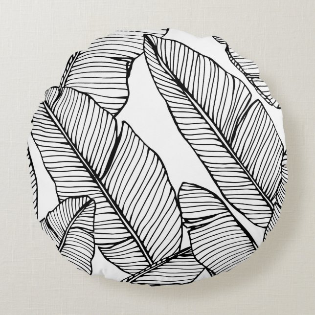 Seamless banana leaf pattern background. Black and Round Pillow (Front)