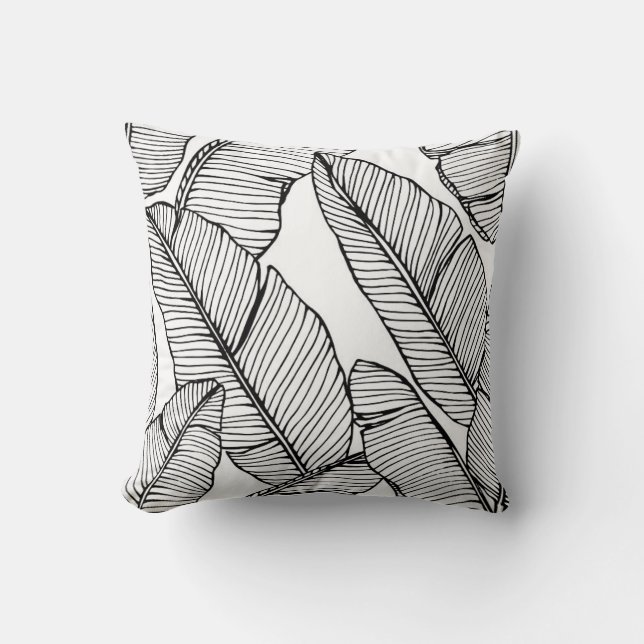 Seamless banana leaf pattern background. Black and Throw Pillow (Front)