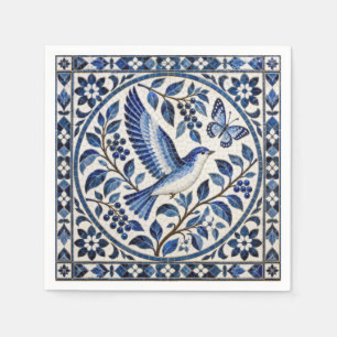 Seamless Bird and Butterfly Blue Tile Pattern Napkins