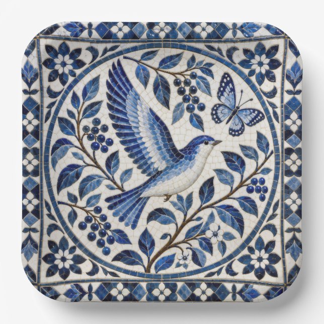 Seamless Bird and Butterfly Blue Tile Pattern Paper Plates (Front)