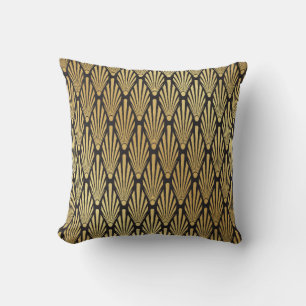 Seamless black and gold Art Deco palm leaf pattern Throw Pillow