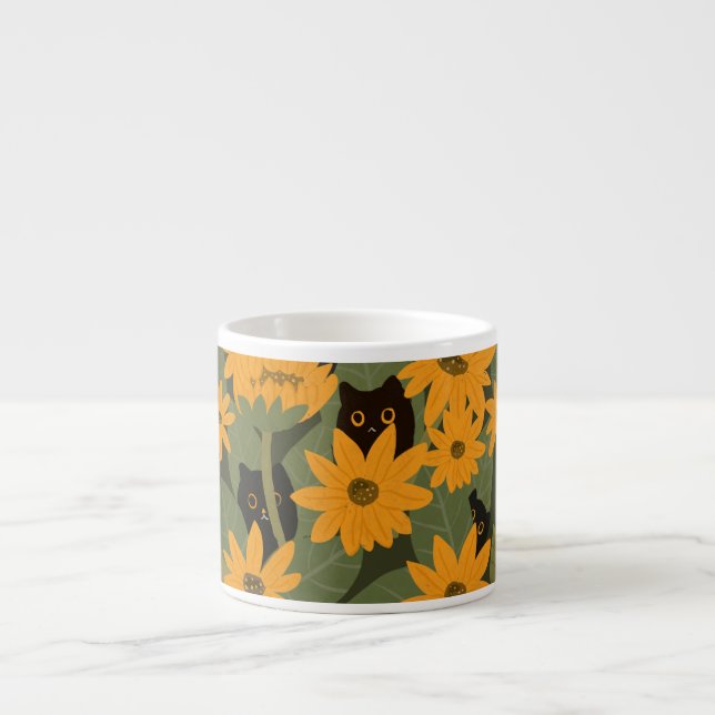 Seamless Black Cat and Sunflower Pattern Espresso Cup (Front)