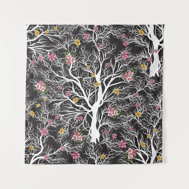 seamless black tree with colorful flower pattern tapestry (Front)