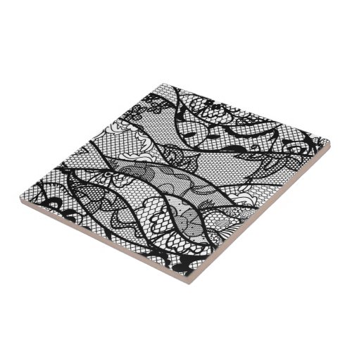 Seamless Black White Lace Floral Ceramic Tile