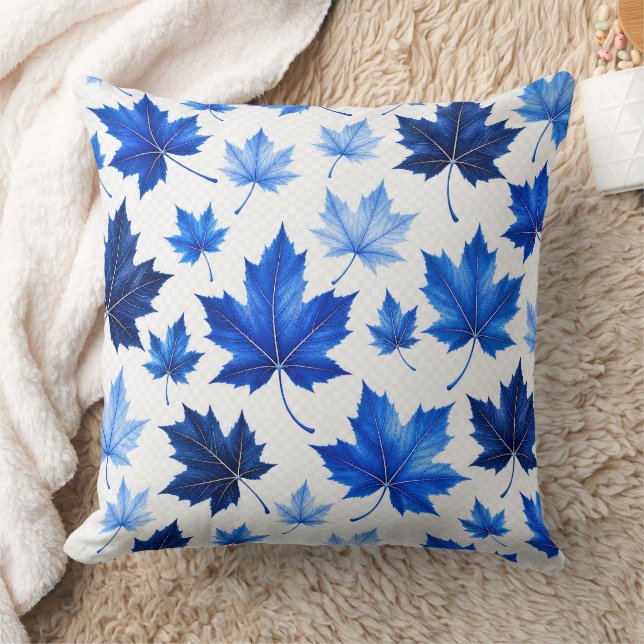 Seamless Blue Maple Leaves Pattern - High Resoluti Throw Pillow (Blanket)