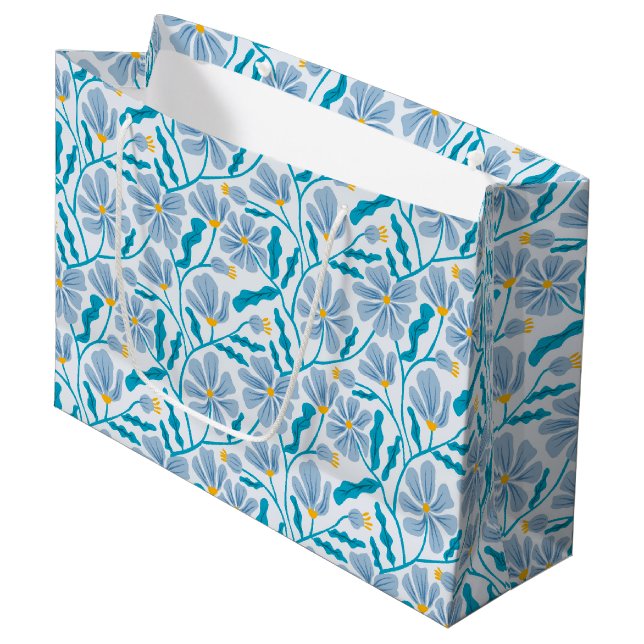 Seamless Blue Mid-Century Modern Floral Pattern Large Gift Bag (Front Angled)