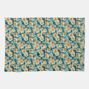 Seamless Blue, White, and Yellow Daisy Flower Kitchen Towel