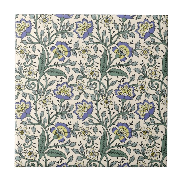 Seamless blue, yellow, and white floral pattern  ceramic tile (Front)