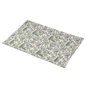 Seamless blue, yellow, and white floral pattern cloth placemat