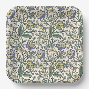 Seamless blue, yellow, and white floral pattern paper plates