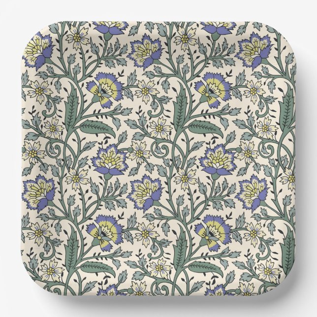 Seamless blue, yellow, and white floral pattern  paper plates (Front)