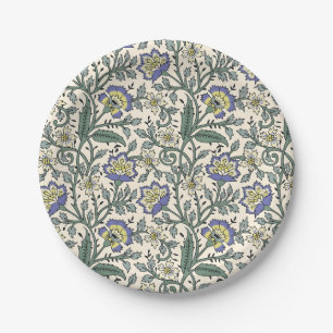 Seamless blue, yellow, and white floral pattern paper plates