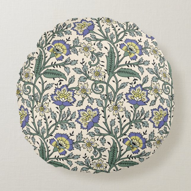 Seamless blue, yellow, and white floral pattern  round pillow (Front)