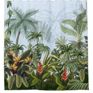 Seamless border with jungle trees and flowers. Vin Shower Curtain