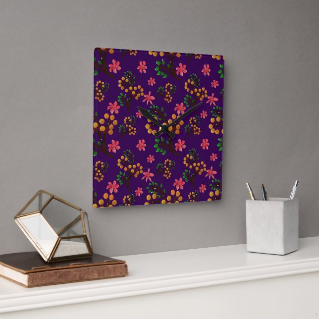 Seamless botanical pattern with cute fruit branch  square wall clock (Office)