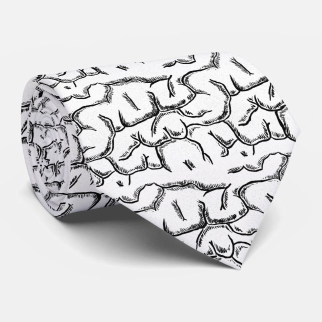 Seamless Brain Black on White Neck Tie (Rolled)