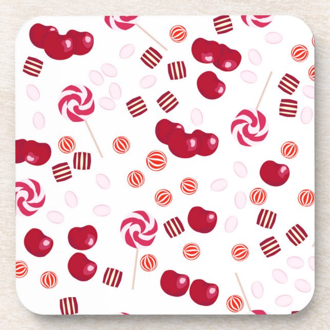 Seamless bright Cherry berry candy lollipops sweet Beverage Coaster (Front)