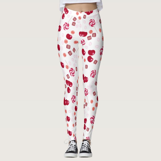 Seamless bright Cherry berry candy lollipops sweet Leggings (Front)