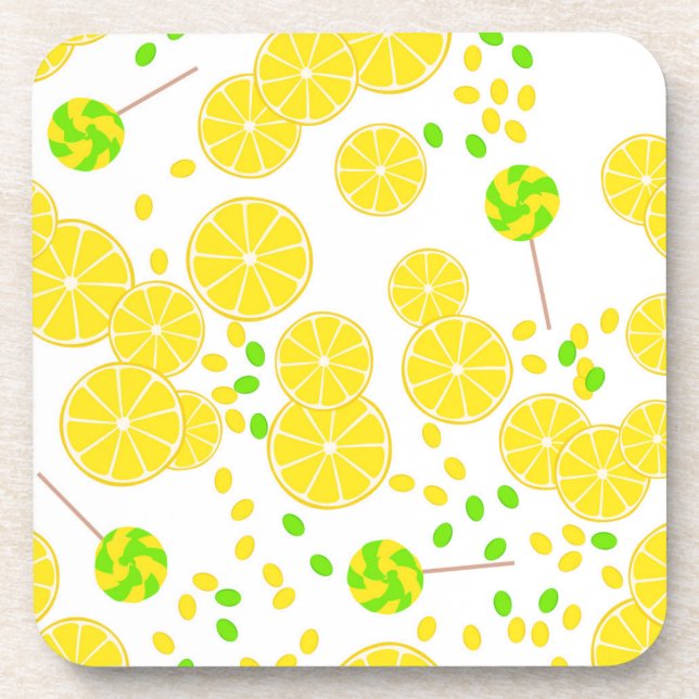 Seamless bright lemon slices candy lollipops sweet beverage coaster (Front)