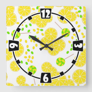 Seamless bright lemon slices candy lollipops sweet square wall clock
