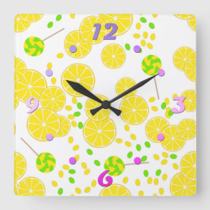 Seamless bright lemon slices candy lollipops sweet square wall clock