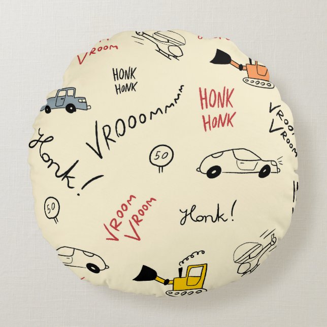 Seamless Car Drawings: Kids Bedsheet Round Pillow (Front)