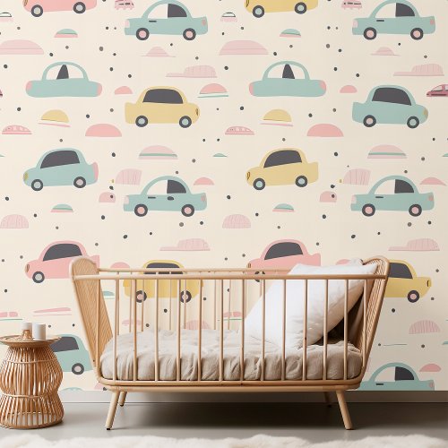 Seamless Cars Pattern for Pastel Nursery Decor Wallpaper