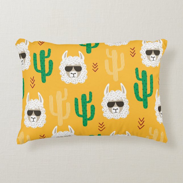 Seamless cartoon llama and cactus pattern in brigh accent pillow (Front)